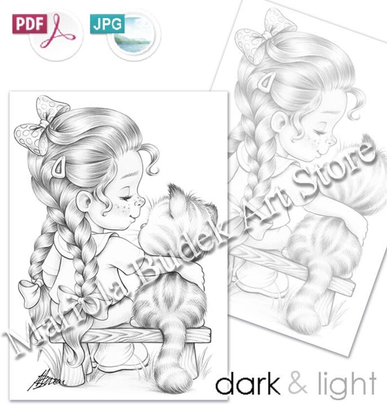 May include: A black and white line drawing of a girl with a braid and a bow in her hair, sitting on a bench with a cat. The girl is kissing the cat on the head. The image is labeled "dark & light".