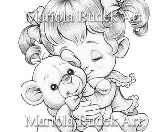 Teddy Bear | Mariola Budek - Coloring Page | Printable Adult Cute Kids Colouring Pages Instant Download Grayscale Lineart Illustration PDF