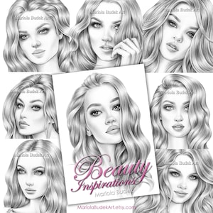 Beauty Inspirations | Mariola Budek - Sketchbook | Printable Adult Coloring Pages Book Instant Download Grayscale Hairstyle Illustration