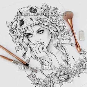 Pearl in Roses | Mariola Budek - Premium Coloring Page | Printable Adult Colouring Pages Book Instant Download Grayscale Illustration PDF