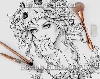 Pearl in Roses | Mariola Budek - Premium Coloring Page | Printable Adult Colouring Pages Book Instant Download Grayscale Illustration PDF