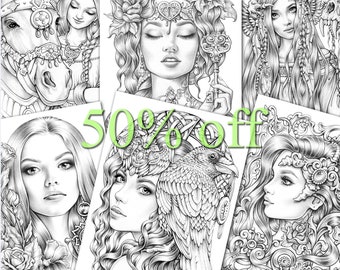 Coloring Pages Six pack of Premium Art V | 50% off | Printable Adult Colouring Page Book Instant Download Grayscale Illustration PDF