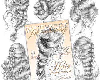 Hair Inspirations Natural | Mariola Budek - Sketchbook | Printable Adult Coloring Pages Book Instant Download Grayscale Hairstyle PDF