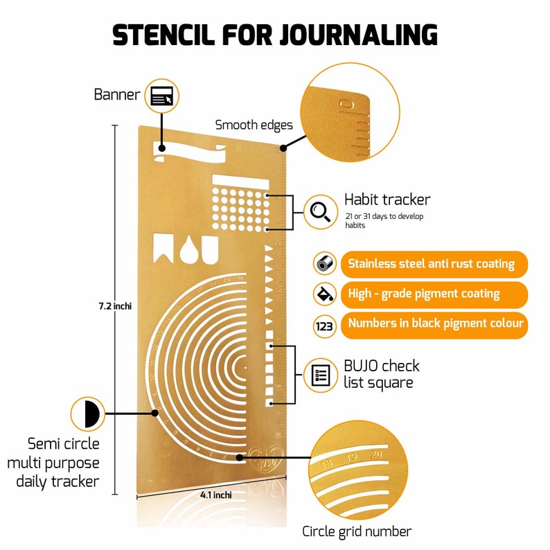 Stainless Steel Stencil I Ruler Semi Circle Template I Habit Tracker Bullet Journal Calendar Notebook Agenda I Craft Supplies (GOLD)