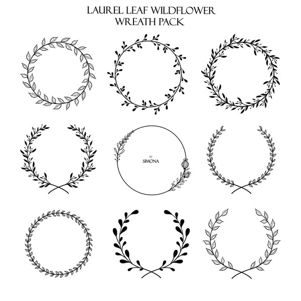 9 Laurel Leaf Wildflower Wreath Pack hand drawn LOGO art/Clipart/Vector/SVG/PNG