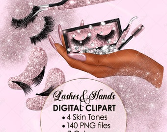 May include: A digital clipart set of lashes and hands, featuring 4 skin tones, 140 PNG files, and 7 colors. The image shows a hand holding a box of lashes with rhinestones, a pair of tweezers, and a lash applicator.