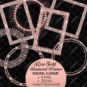 Rose Gold Diamant Rahmen Clipart, Strassrahmen PNG, Weihnachtscliparts, Hochzeitsgrafiken, digitaler Rahmen, Geburtstagsgrafiken, kommerzielle Nutzung