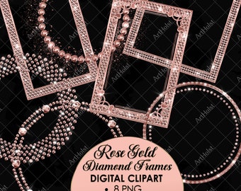 Rose Gold Diamond Frame Clipart: Wedding Christmas Graphics (PNG Digital Download)
