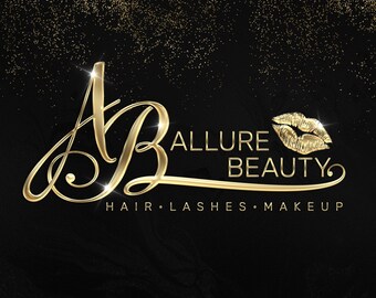 Logotipo prediseñado de salón dorado para artistas de pestañas, peluquería y maquillaje.