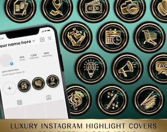Könnte beinhalten: Set mit 22 grünen und goldenen Instagram-Highlight-Covern mit verschiedenen Symbolen, darunter eine Kamera, ein Einkaufswagen, eine Glühbirne, ein Herz, ein Kalender, ein Mikrofon, ein Fragezeichen, ein Standort-Pin, ein Dollarzeichen, ein Pinsel, ein Stern und ein Dokument mit einem Stift.