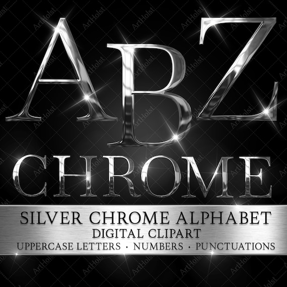 Silver Chrome Alphabet PNG: Metallic Letters, Numbers, Punctuation (Digital Download File)