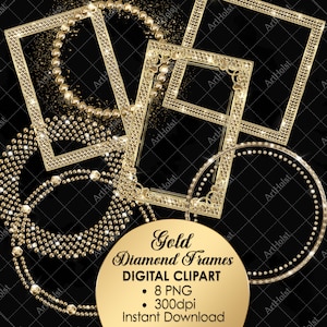 Goldrahmen Clipart, Rahmen PNG, Diamantrahmen Überlagerung, Hochzeitsgrafiken, Geburtstag Clipart, Goldrahmen, Strass Clipart, Chromrahmen