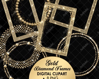 Gold Frames Clipart, Frame PNG, Diamond Borders Overlay, Wedding Graphics, Birthday Clipart, Gold Frame, Rhinestone Clipart, Chrome Frames