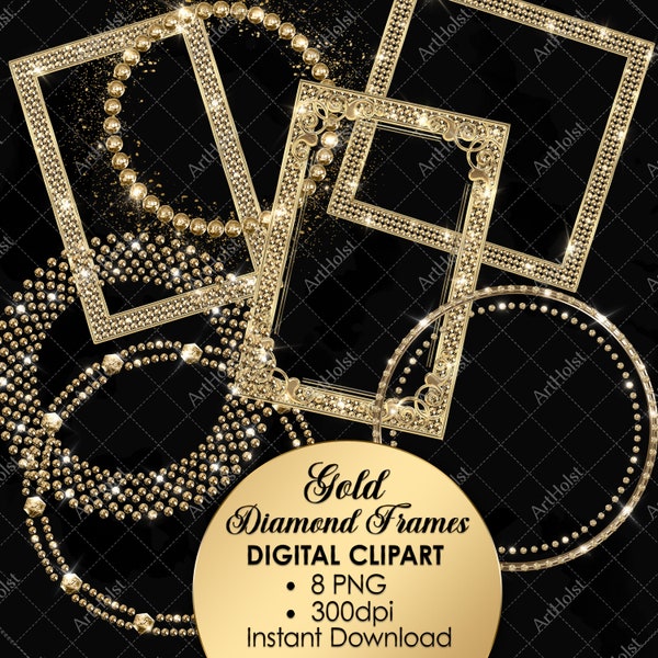 Gold Frames Clipart, Frame PNG, Diamond Borders Overlay, Wedding Graphics, Birthday Clipart, Gold Frame, Rhinestone Clipart, Chrome Frames