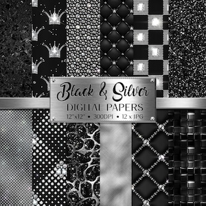 Black Digital Paper, Diamonds Digital Paper, Elegant Digital Paper, Silver Textures, Digital Paper, Digital Download