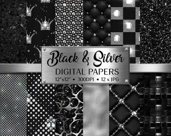 Black Digital Paper, Diamonds Digital Paper, Elegant Digital Paper, Silver Textures, Digital Paper, Digital Download