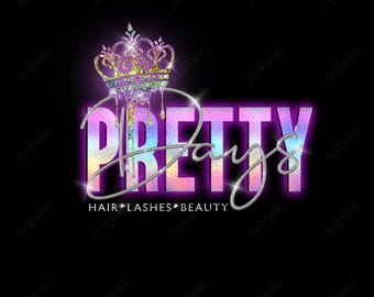 Premade Logo for Hair Lashes Beauty, Glitter Crown, Feminine Glam Logo Design