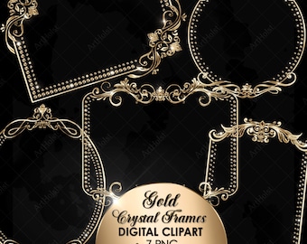 Luxury Gold Frames Clipart | Glam Rhinestone Borders Overlay PNG for Wedding Branding