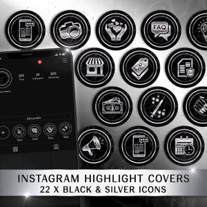 Puede incluir: Veintidos portadas de destacados de Instagram en negro y plata con varios iconos, que incluyen una cámara, un corazón, un signo de interrogación, una bombilla, una tienda, una etiqueta de precio, un documento, dinero, una jeringa, una botella de esmalte de uñas, un megáfono, un mensaje y un calendario.