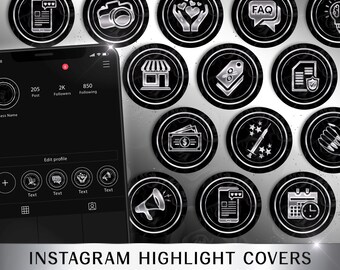 Könnte beinhalten: Zweiundzwanzig schwarze und silberne Instagram-Highlight-Cover mit verschiedenen Symbolen, darunter eine Kamera, ein Herz, ein Fragezeichen, eine Glühbirne, ein Geschäft, ein Preisschild, ein Dokument, Geld, eine Spritze, eine Nagellackflasche, ein Megaphon, eine Nachricht und ein Kalender.