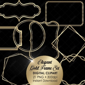 Peut inclure: Ensemble de cadres dorés élégants de différentes formes, dont des rectangles, des ovales et des motifs géométriques, sur fond noir. L'image comprend un emblème circulaire doré avec le texte "Elegant Gold Frame Set".