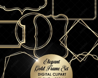 Elegant Gold Frames Clipart, Luxury Borders Overlay for Invitations & Branding (PNG Digital Download)