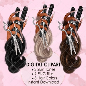 Clipart de peluquero: Mano sujetando el cabello, tijeras y cepillo (Descarga digital)