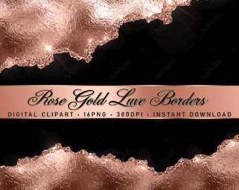 Rose Gold Borders Clipart, Foil Metallic Edge PNG Overlays, Instant Download