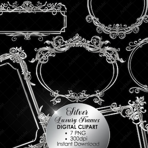 Puede incluir: Una colección de marcos de lujo plateados en varias formas y diseños, incluyendo rectangulares, ovalados y circulares. Los marcos presentan adornos y detalles ornamentados. La imagen incluye el texto "Silver Luxury Frames DIGITAL CLIPART - 7 PNG - 300dpi - Instant Download."