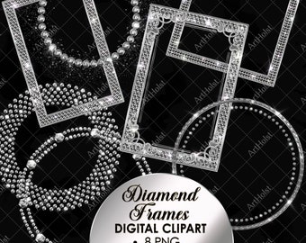 Silver Frames Clipart, Rhinestone Frame PNG, Diamond Borders Overlay, Party Graphics, Birthday Clipart, Weddings Clipart, Border PNG