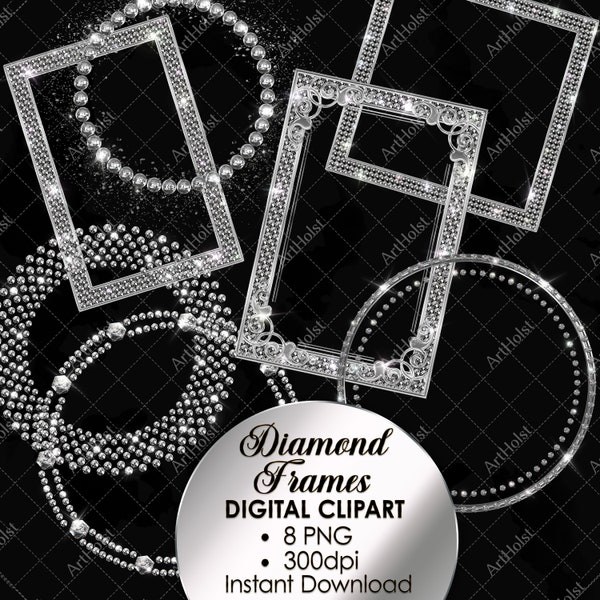 Silver Frames Clipart, Rhinestone Frame PNG, Diamond Borders Overlay, Party Graphics, Birthday Clipart, Weddings Clipart, Border PNG