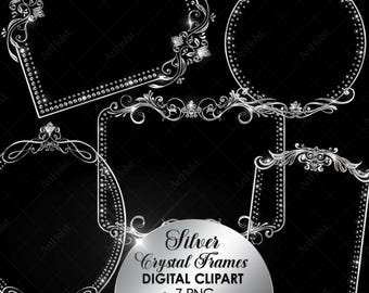 Cristal argenté cadres Clipart, superposition de bordures en strass PNG, téléchargement numérique