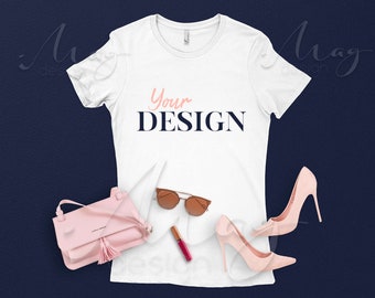 Download Free White T-Shirt Luxury Mockup-Ladies The Boyfriend Tee Mockup-Bella canvas Mock Up-Shirt Flat lay Mockup-Styled Apparel Mockup-Blue and Pink PSD Template