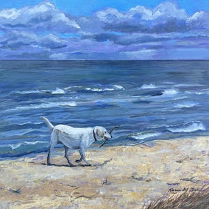 White Lab on Beach Art | Dog Playing on Beach Art | Painted Panel Beach Scene | Original Painting Dog at Beach | Original Art Coastal Deco