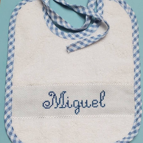 Personalized Handmade Cross Stitched Baby Bib - 100% Cotton 9.5" x 7.5"  Tie back Baby Bib made in Portugal with 14 count cross stitch panel