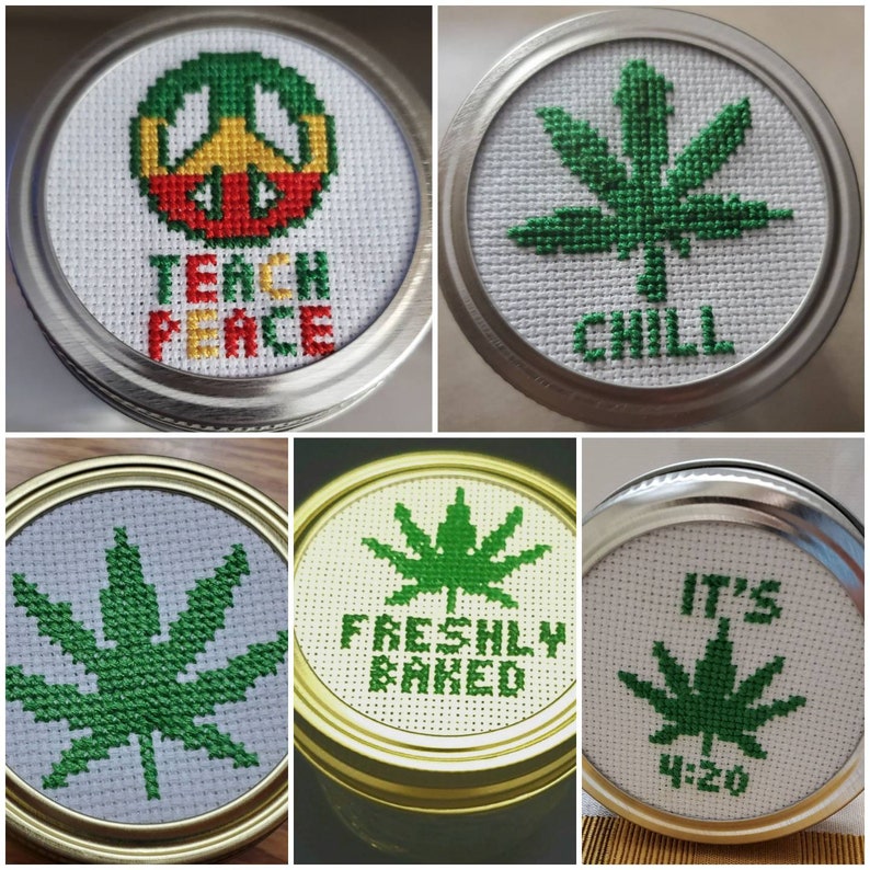 Marijuana Leaf Jar Lid, Mason Jar Lid, Cross Stitched Jar Lid
