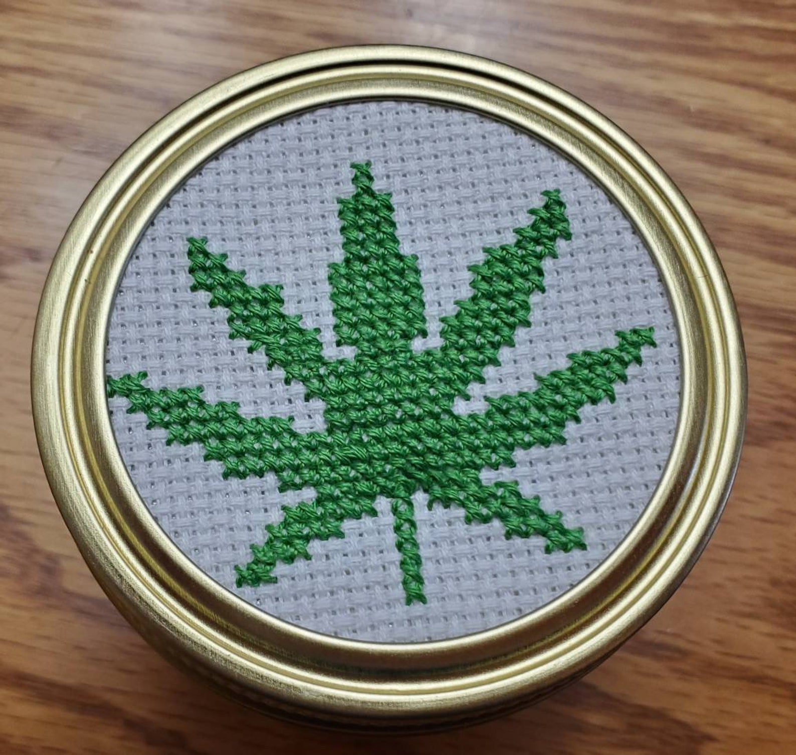 Marijuana Leaf Jar Lid, Mason Jar Lid, Cross Stitched Jar Lid