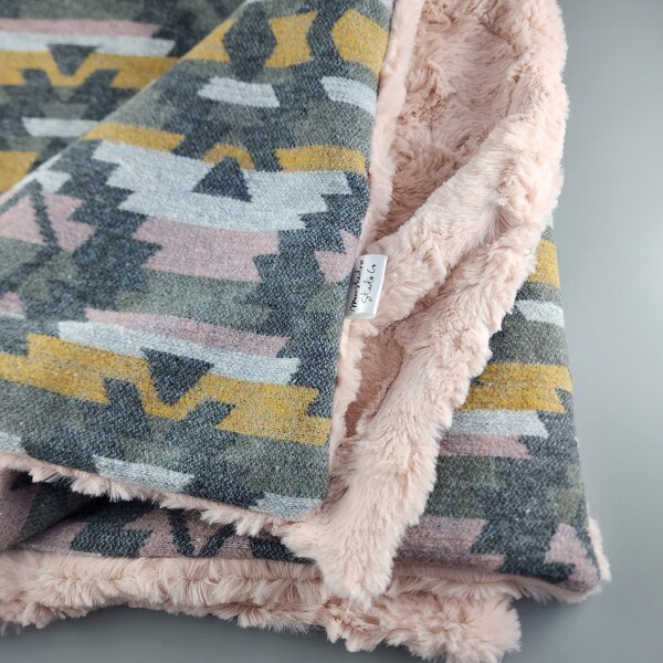 Baby Blanket, Baby Girl, Western, Tribal, Pink, Yellow, Grey Faux Fur, Pink faux fur, Gray, Baby Gift, Nursery, Shower Gift