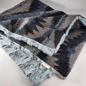 Baby Blanket, Western, Tribal, Rustic, Faux Fur, Blue, Black, Tan, Biege, Gray, Baby Boy, Baby Girl, Gender Neutral
