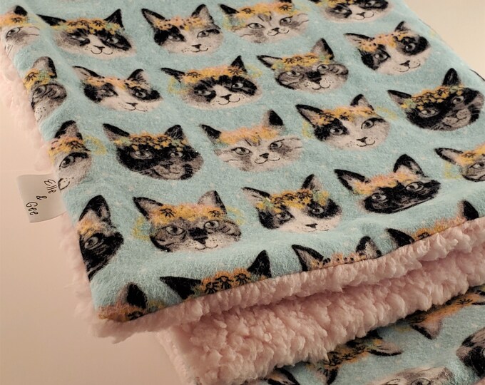Pet Blanket, Cat Blanket, Pink Kitties, Flower Crown, Pink, White, Blue