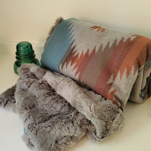 Baby Blanket, Western, Tribal, Rustic, Grey Faux Fur, Blue, Orange, Turquoise, Gray, Red, Baby Boy, Baby Girl, Gender Neutral