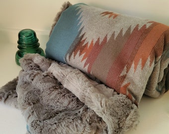 Baby Blanket, Western, Tribal, Rustic, Grey Faux Fur, Blue, Orange, Turquoise, Gray, Red, Baby Boy, Baby Girl, Gender Neutral