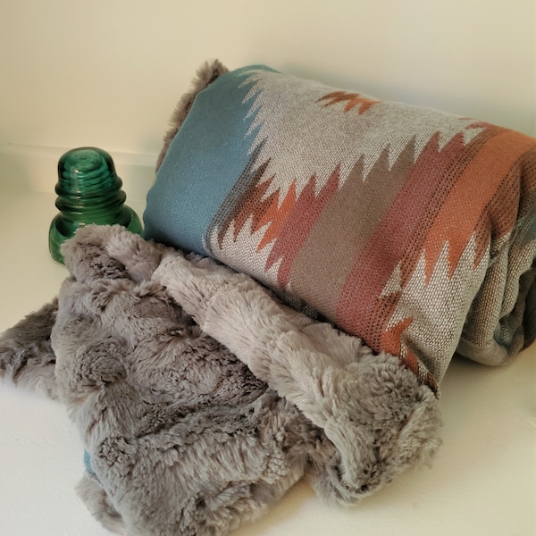 Baby Blanket, Western, Tribal, Rustic, Grey Faux Fur, Blue, Orange, Turquoise, Gray, Red, Baby Boy, Baby Girl, Gender Neutral