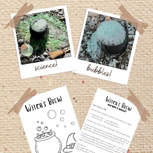 May include: A Witch's Brew STEM Activity kit featuring two photos of black cauldrons with green bubbling liquid, a small broom, and a potion bottle. Includes two printed activity sheets with text, illustrations of a cauldron, and scientific explanations.