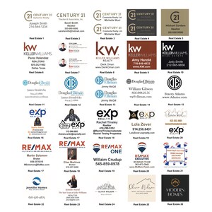 May include: A collage of 26 business cards for real estate agents. Each card features a different agent's name, contact information, and real estate company logo. The logos include Keller Williams, Century 21, Douglas Elliman, EXP Realty, and RE/MAX.