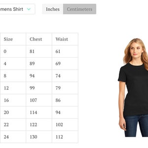 May include: Black crew neck t-shirt. The image includes a size chart with chest and waist measurements in centimeters, and sizes ranging from XS to 4XL. A woman is wearing the black t-shirt.