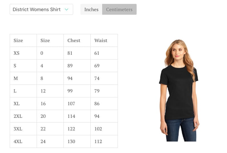 May include: Black crew neck t-shirt. The image includes a size chart with chest and waist measurements in centimeters, and sizes ranging from XS to 4XL. A woman is wearing the black t-shirt.