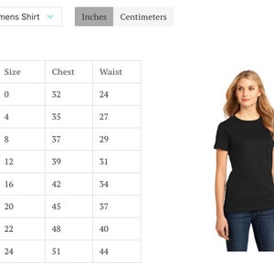 May include: Black District Women's Shirt with a size chart showing chest and waist measurements in inches. The model is wearing a black t-shirt and blue jeans. The size chart includes sizes XS to 4XL.