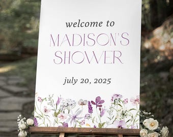 Purple Floral Welcome Sign Template: Bridal or Baby Shower (Digital Download, 16x20, 18x24in
