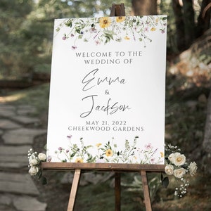 Plantilla de signo de bienvenida de boda de flores silvestres de lavanda y amarillo, violeta, cartel de bienvenida de ceremonia, 18x24, 24x36, descarga instantánea, WD-307